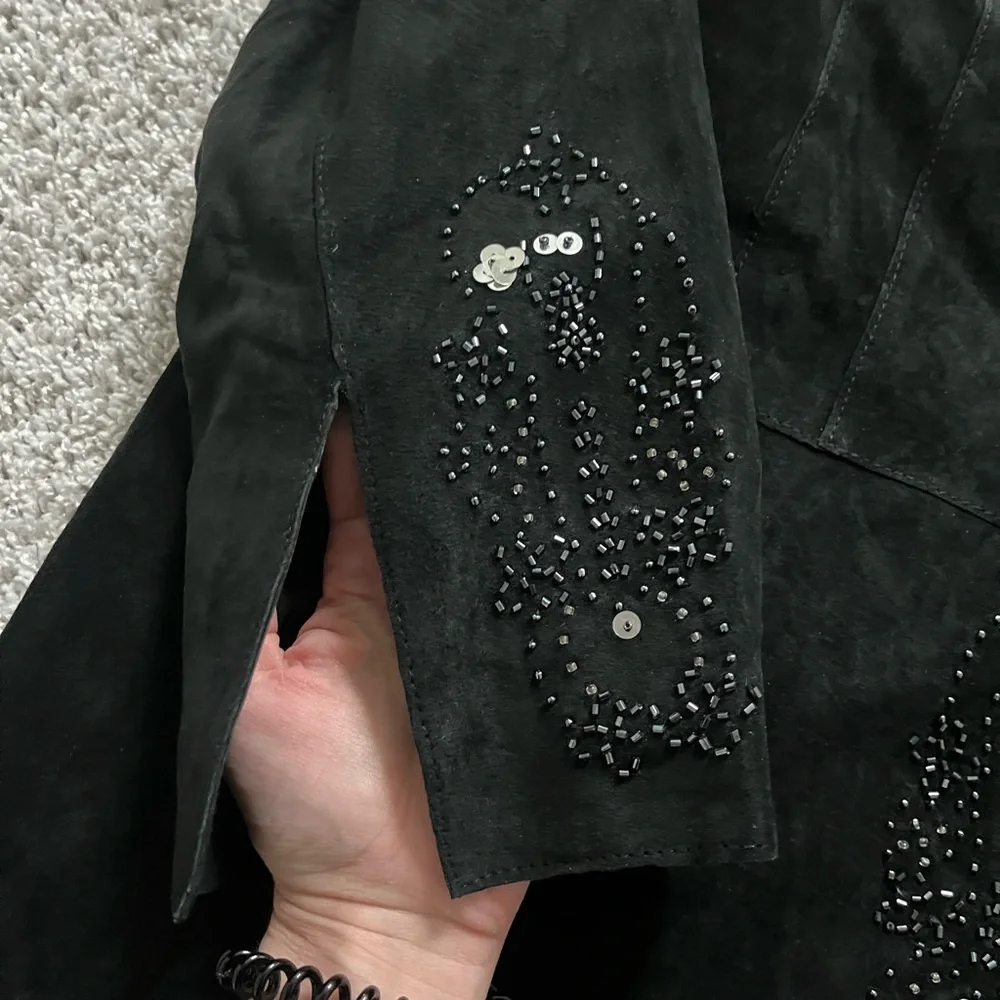 Avanti Suede Beaded Jacket sz 1X leather boho black duster holiday NYE long line - Picture 2 of 5